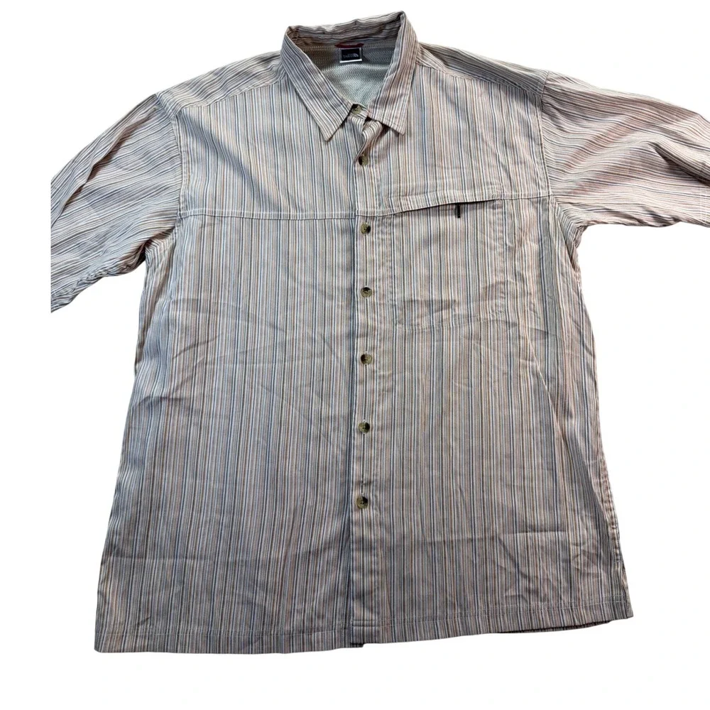 The North Face Shirt Mens XL Orange Striped Short Sleeve Hiking Vented Button Up
